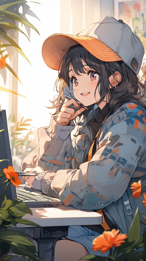 Cute Happy Anime Girl using Laptop Computer Aesthetic (439)