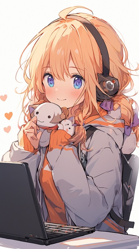 Cute Happy Anime Girl using Laptop Computer Aesthetic (410)