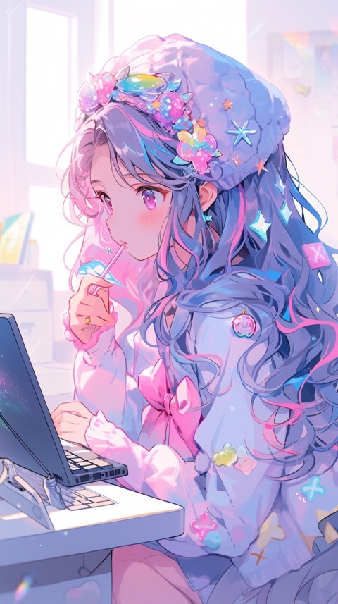 Cute Happy Anime Girl using Laptop Computer Aesthetic (424)