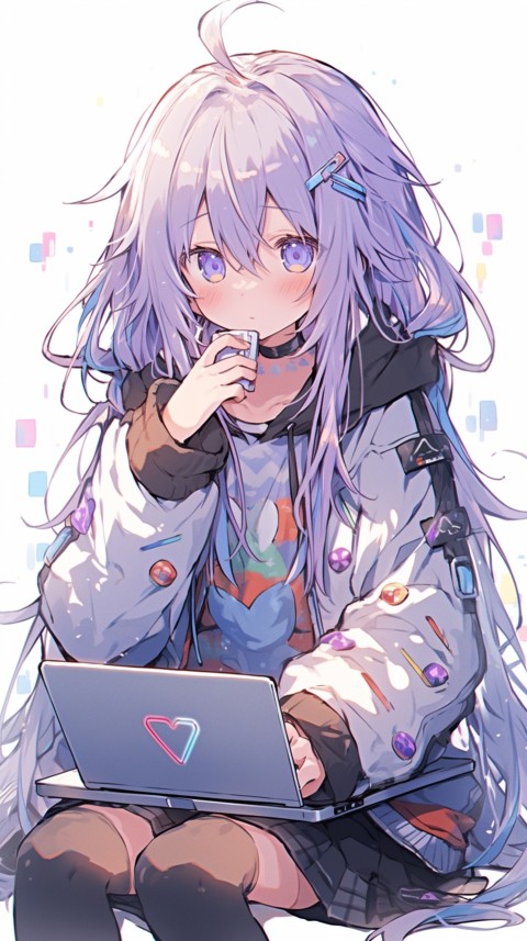 Cute Happy Anime Girl using Laptop Computer Aesthetic (442)