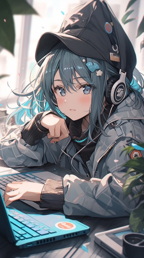 Cute Happy Anime Girl using Laptop Computer Aesthetic (405)