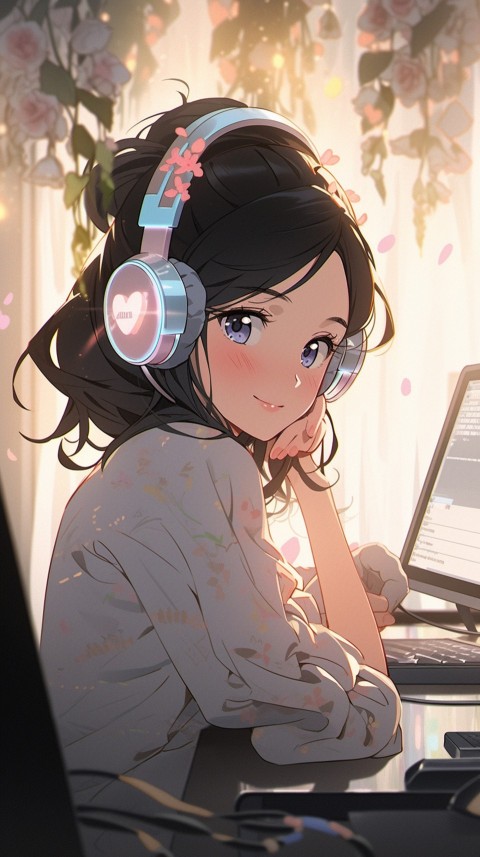Cute Happy Anime Girl using Laptop Computer Aesthetic (402)