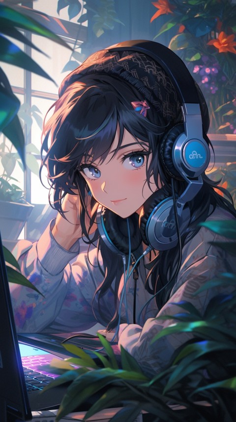 Cute Happy Anime Girl using Laptop Computer Aesthetic (408)