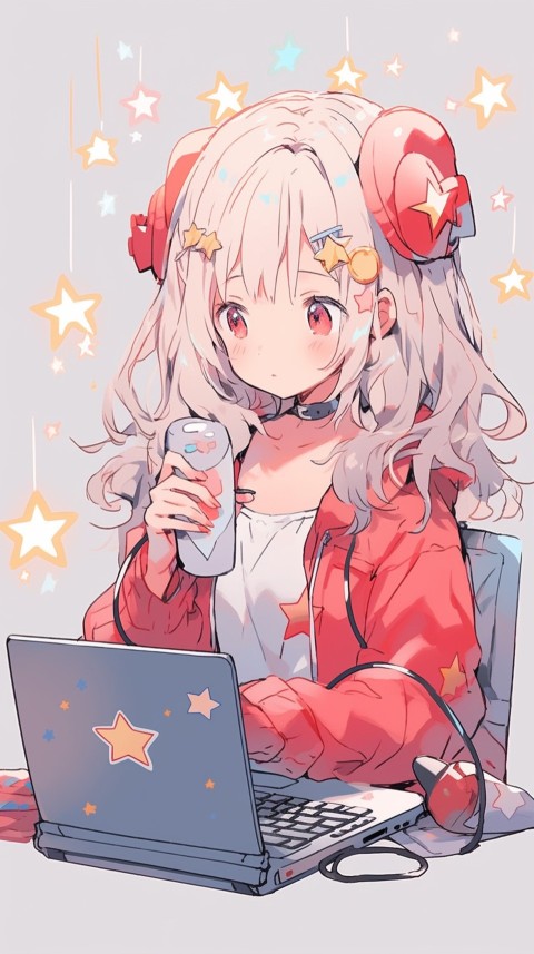 Cute Happy Anime Girl using Laptop Computer Aesthetic (459)