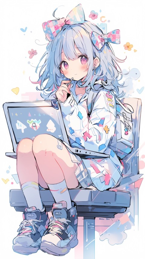 Cute Happy Anime Girl using Laptop Computer Aesthetic (481)