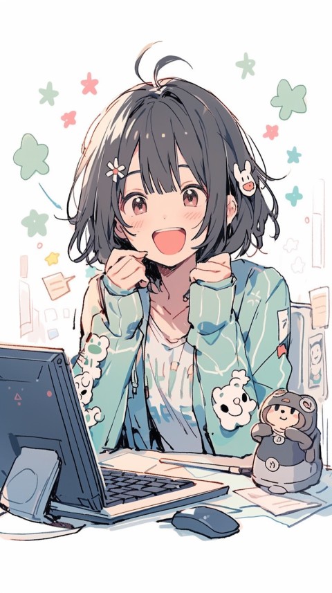 Cute Happy Anime Girl using Laptop Computer Aesthetic (492)