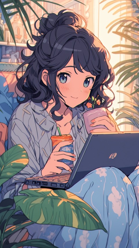 Cute Happy Anime Girl using Laptop Computer Aesthetic (460)