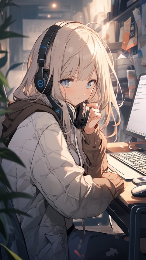 Cute Happy Anime Girl using Laptop Computer Aesthetic (500)