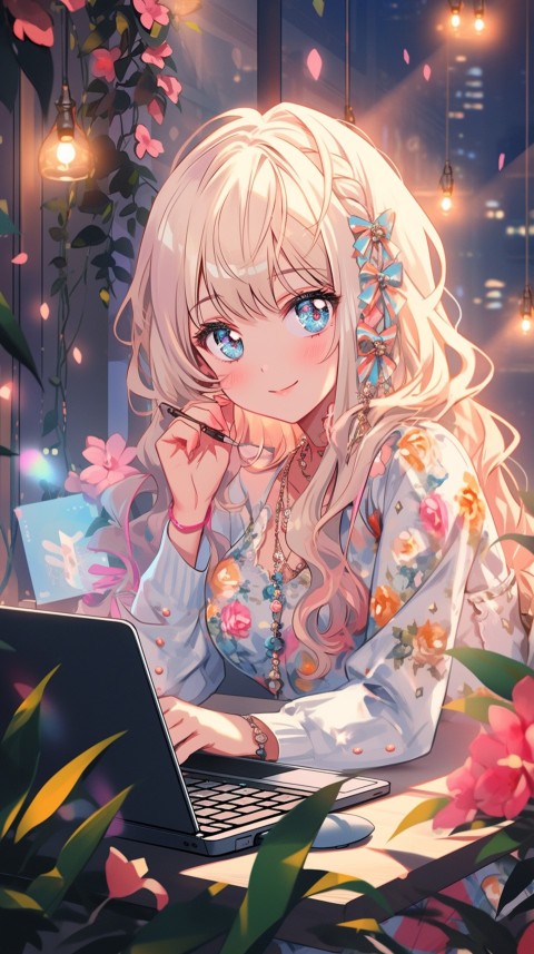 Cute Happy Anime Girl using Laptop Computer Aesthetic (483)
