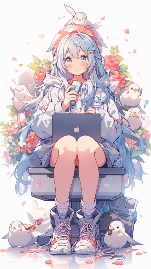 Cute Happy Anime Girl using Laptop Computer Aesthetic (490)
