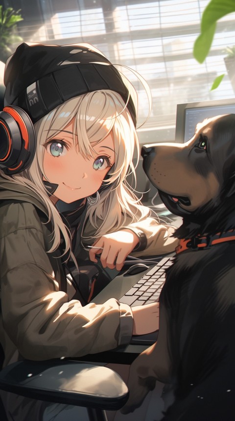 Cute Happy Anime Girl using Laptop Computer Aesthetic (463)
