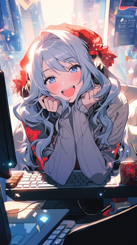 Cute Happy Anime Girl using Laptop Computer Aesthetic (493)