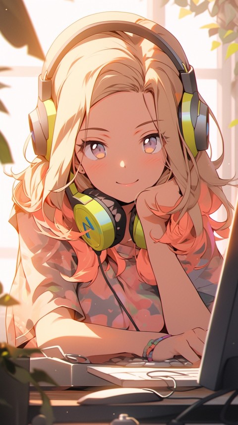 Cute Happy Anime Girl using Laptop Computer Aesthetic (489)