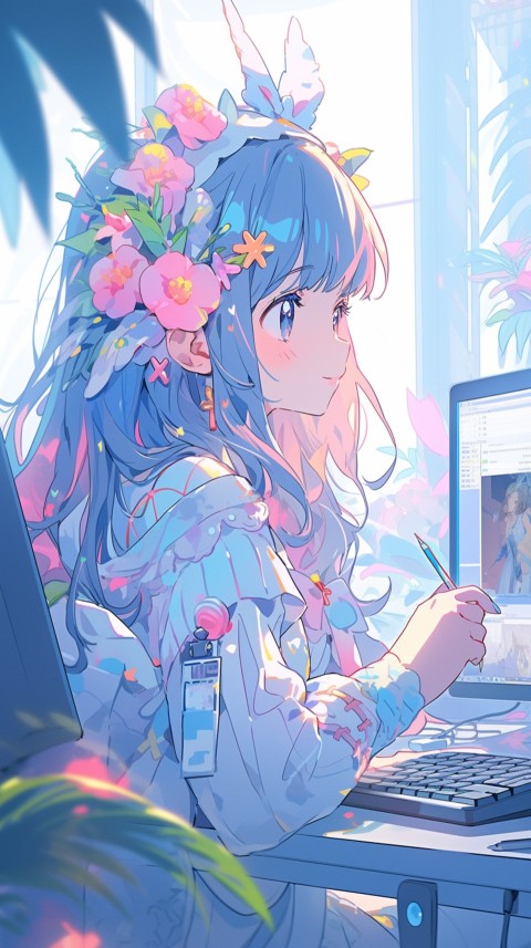 Cute Happy Anime Girl using Laptop Computer Aesthetic (484)