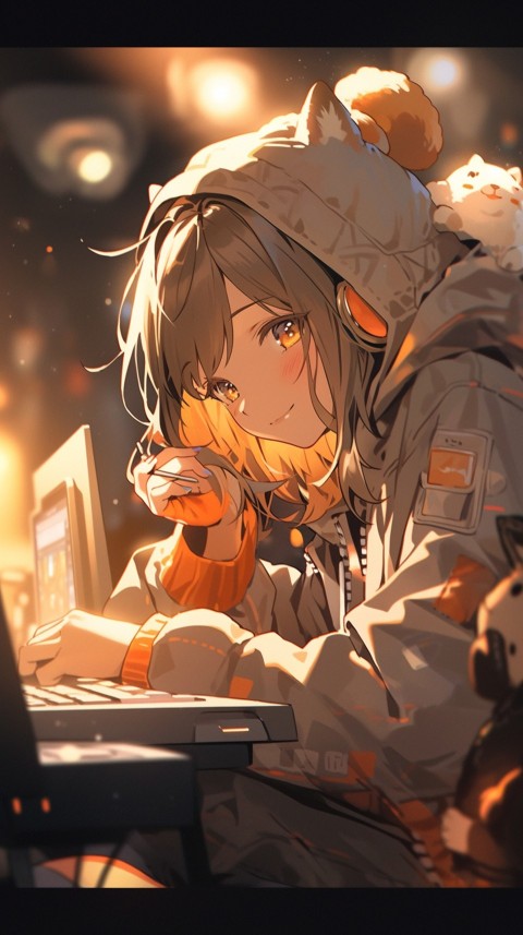 Cute Happy Anime Girl using Laptop Computer Aesthetic (452)