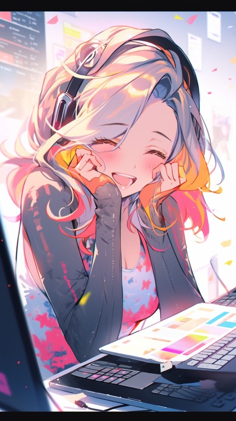 Cute Happy Anime Girl using Laptop Computer Aesthetic (485)