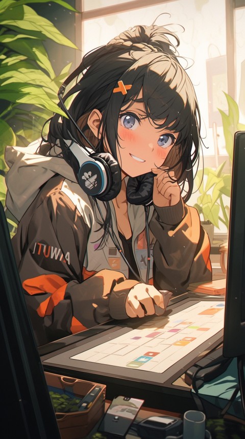 Cute Happy Anime Girl using Laptop Computer Aesthetic (480)