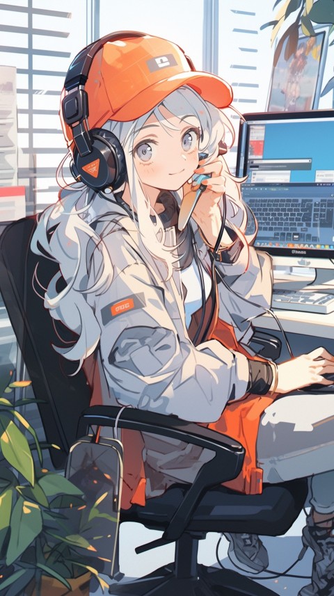 Cute Happy Anime Girl using Laptop Computer Aesthetic (468)