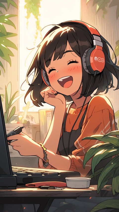 Cute Happy Anime Girl using Laptop Computer Aesthetic (467)