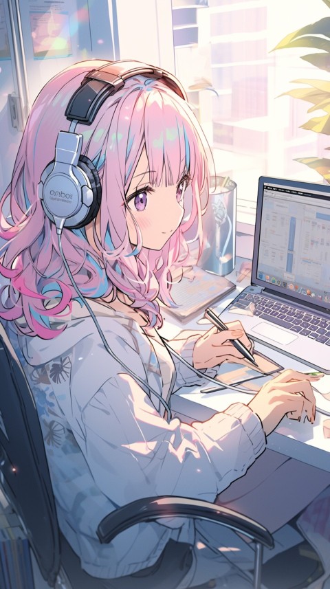 Cute Happy Anime Girl using Laptop Computer Aesthetic (456)