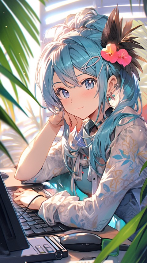 Cute Happy Anime Girl using Laptop Computer Aesthetic (454)
