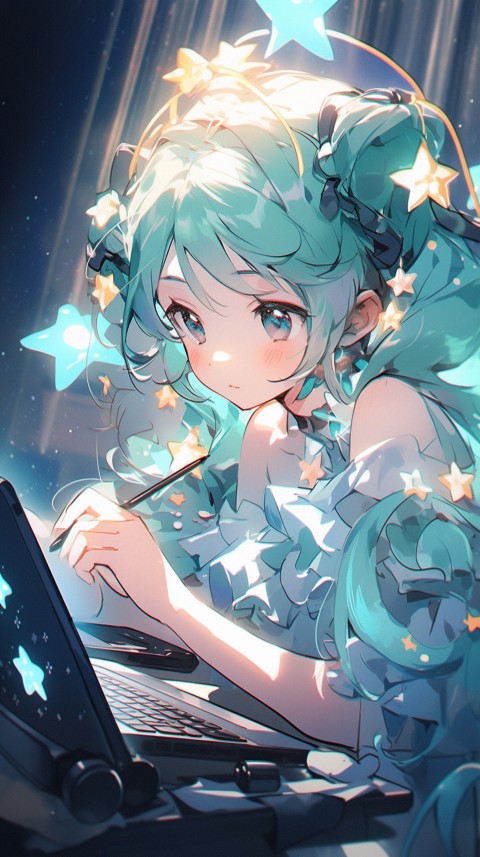 Cute Happy Anime Girl using Laptop Computer Aesthetic (482)