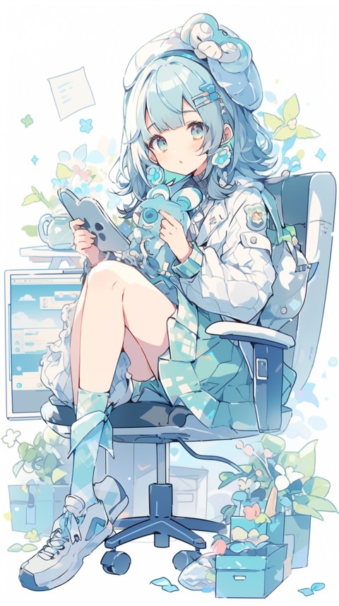 Cute Happy Anime Girl using Laptop Computer Aesthetic (533)