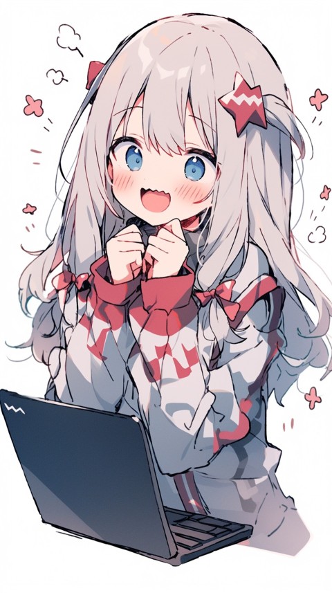Cute Happy Anime Girl using Laptop Computer Aesthetic (512)