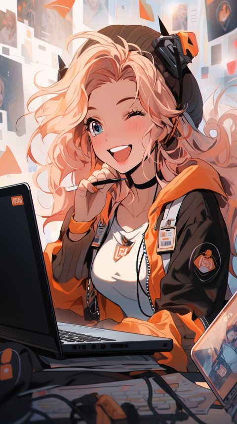 Cute Happy Anime Girl using Laptop Computer Aesthetic (544)