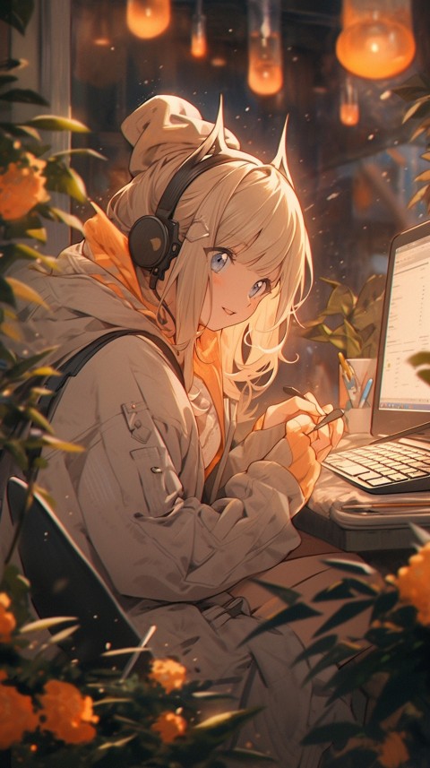 Cute Happy Anime Girl using Laptop Computer Aesthetic (507)
