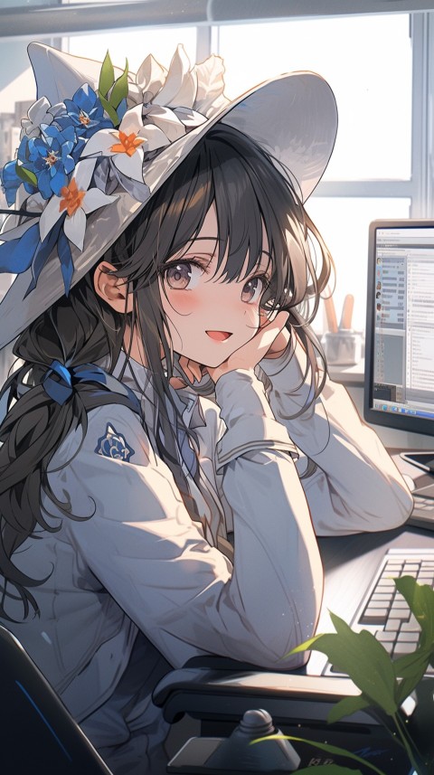 Cute Happy Anime Girl using Laptop Computer Aesthetic (503)