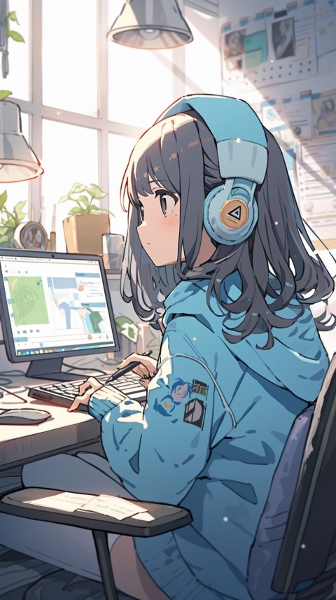 Cute Happy Anime Girl using Laptop Computer Aesthetic (537)