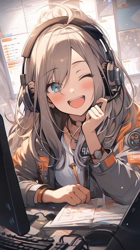 Cute Happy Anime Girl using Laptop Computer Aesthetic (550)