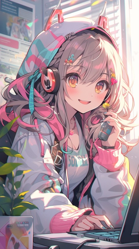 Cute Happy Anime Girl using Laptop Computer Aesthetic (535)