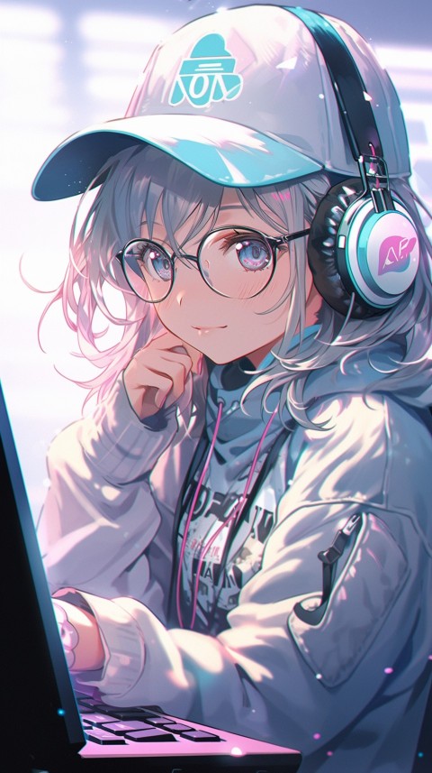 Cute Happy Anime Girl using Laptop Computer Aesthetic (524)