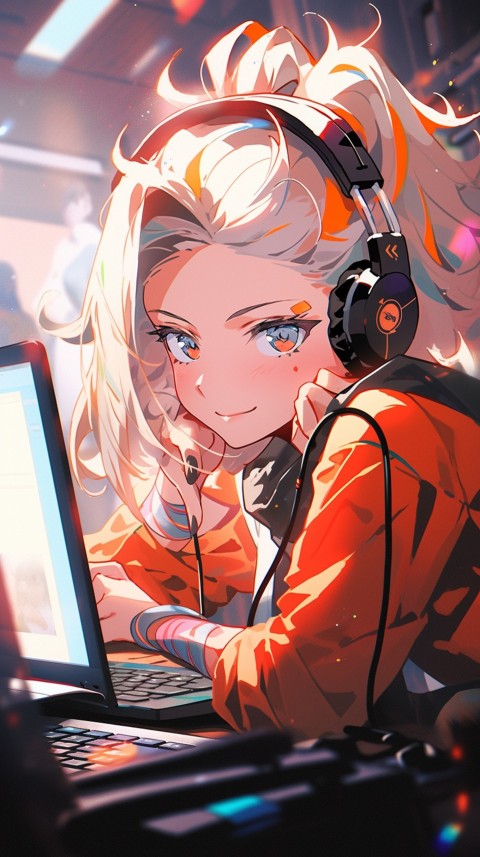 Cute Happy Anime Girl using Laptop Computer Aesthetic (515)