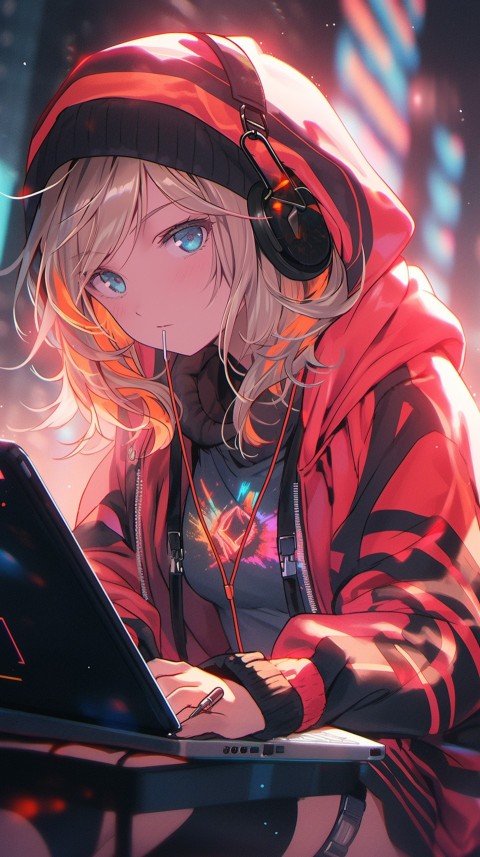 Cute Happy Anime Girl using Laptop Computer Aesthetic (534)