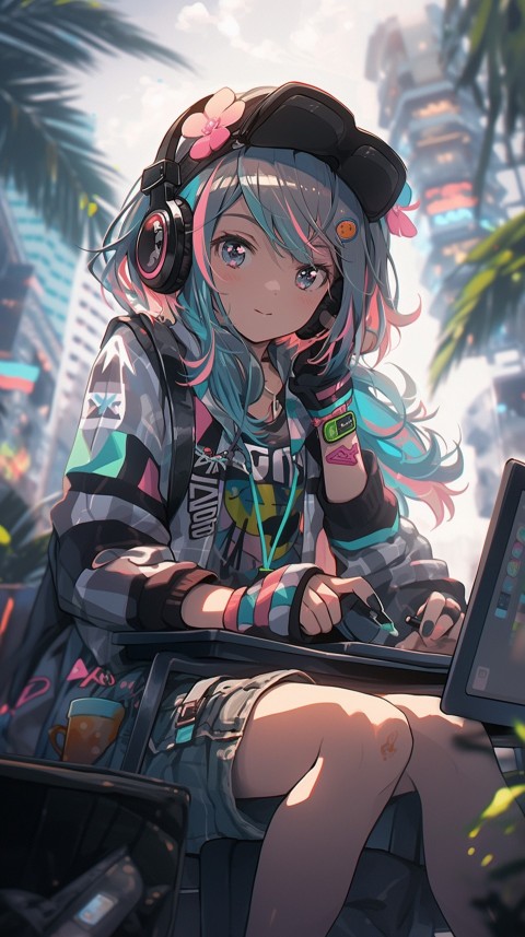 Cute Happy Anime Girl using Laptop Computer Aesthetic (565)