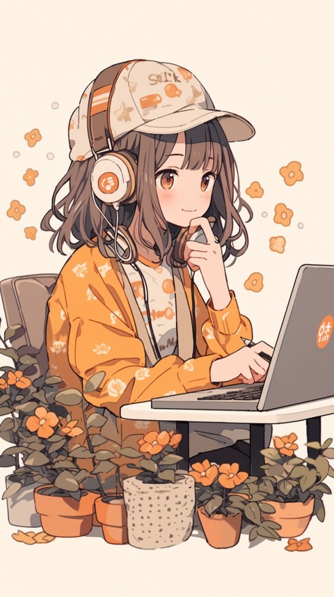 Cute Happy Anime Girl using Laptop Computer Aesthetic (576)