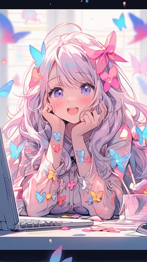 Cute Happy Anime Girl using Laptop Computer Aesthetic (583)