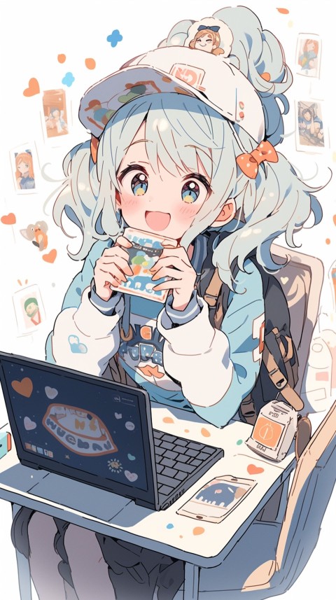 Cute Happy Anime Girl using Laptop Computer Aesthetic (551)