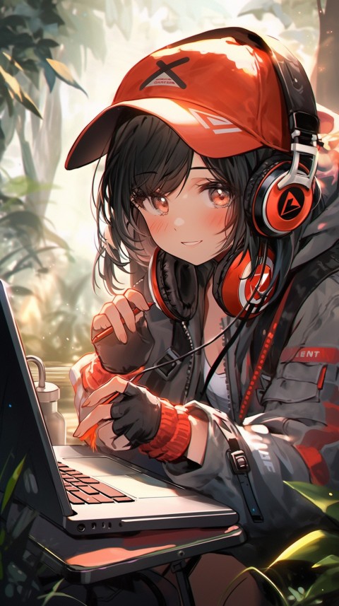 Cute Happy Anime Girl using Laptop Computer Aesthetic (579)