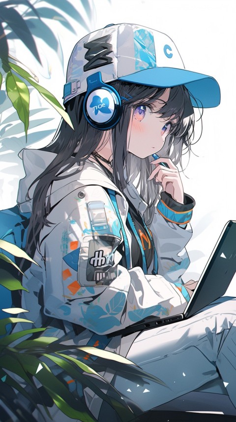 Cute Happy Anime Girl using Laptop Computer Aesthetic (570)