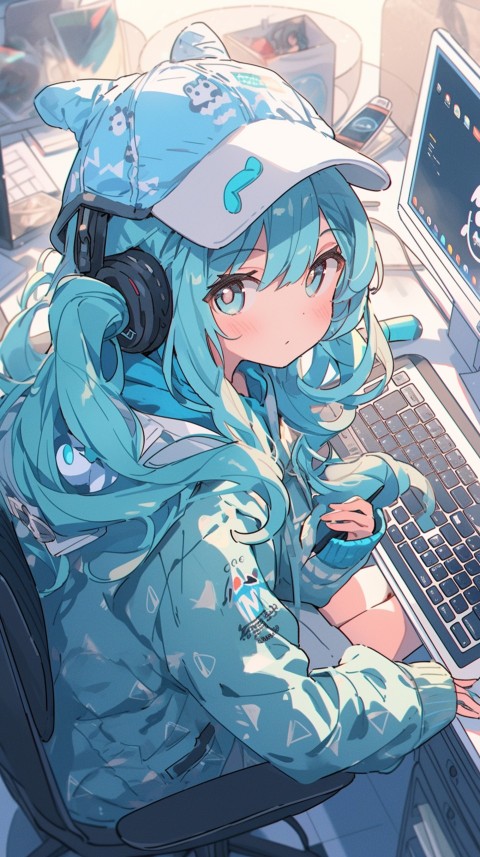 Cute Happy Anime Girl using Laptop Computer Aesthetic (596)