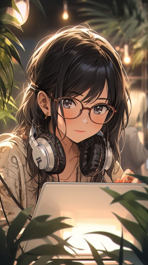 Cute Happy Anime Girl using Laptop Computer Aesthetic (581)