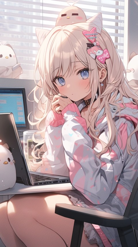 Cute Happy Anime Girl using Laptop Computer Aesthetic (574)