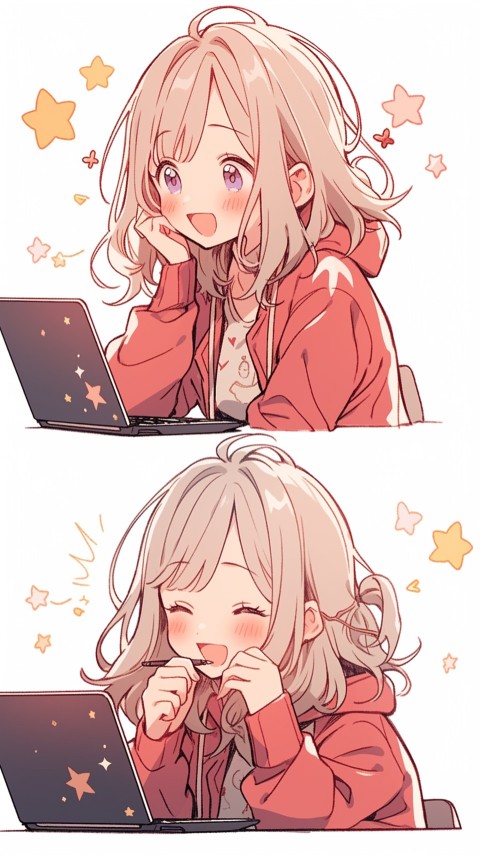 Cute Happy Anime Girl using Laptop Computer Aesthetic (637)