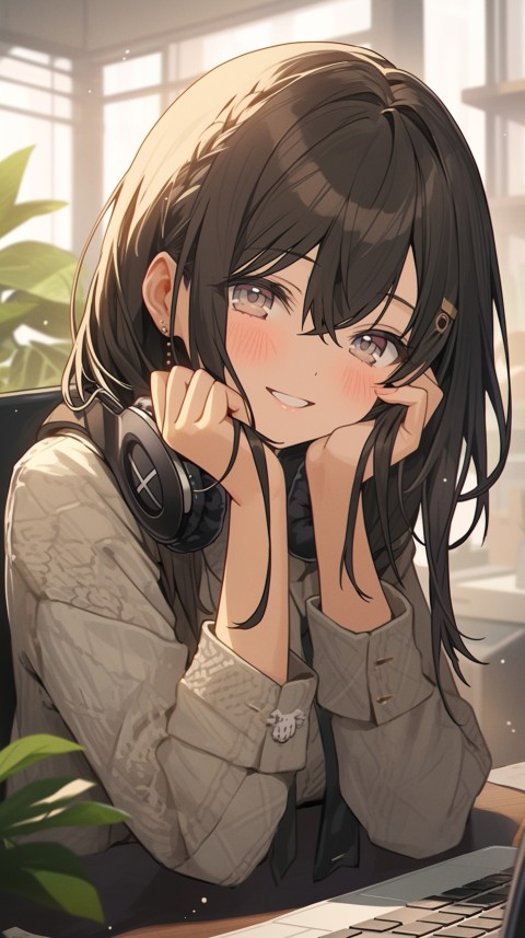 Cute Happy Anime Girl using Laptop Computer Aesthetic (612)