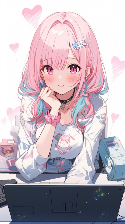 Cute Happy Anime Girl using Laptop Computer Aesthetic (636)