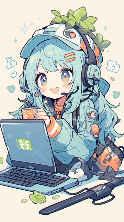 Cute Happy Anime Girl using Laptop Computer Aesthetic (646)